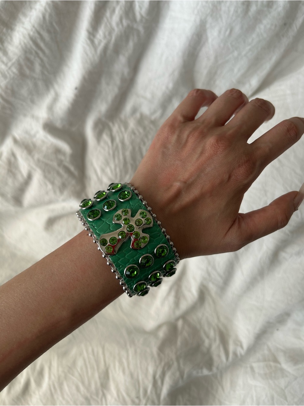 Green Jeweled Statement Cuff Bracelet with Cross punk